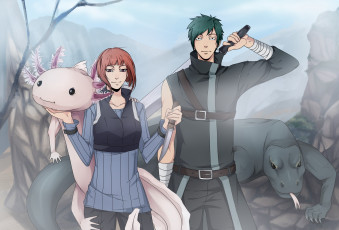 Картинка аниме naruto парень оружие варан девушка взгляд фон