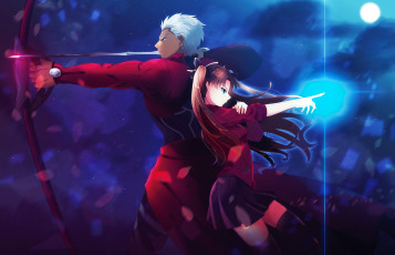 Картинка аниме fate stay+night stay night archer tohsaka rin небо ночь судьба луна jeran ggokd арт арчер тосака рин лук парень дух девушка