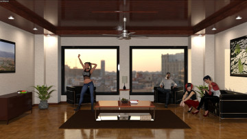 Картинка 3д+графика люди+ people картины девушки окно стол интерьер парни