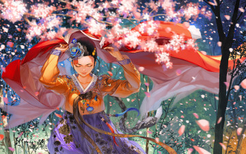 Картинка аниме unknown +другое деревья лепестки костюм девушка арт justminor