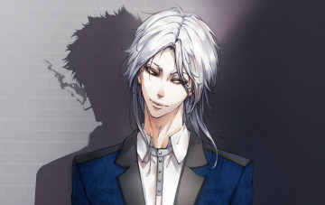 Картинка аниме psycho-pass парень kougami shinya тень дым сигарета арт makishima shougo