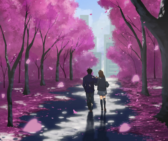 Обои картинки фото аниме, город,  улицы,  здания, арт, donsaid, dias, mardianto, парень, школьники, девушка, форма, сакура, деревья