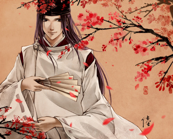 Обои картинки фото аниме, hikaru no go, арт, улыбка, веер, цветы, дерево, дух, парень, fujiwara, no, sai, hikaru, go