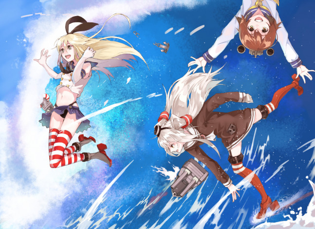 Обои картинки фото аниме, kantai collection, девушки, amatsukaze, kancolle, shimakaze, yukikaze, kantai, collection, небо, море, арт