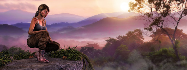 Обои картинки фото 3д графика, люди , people, девушка, взгляд, фон, горы, лес, туман