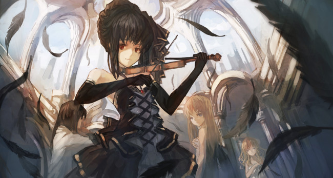 Обои картинки фото аниме, музыка, qghy, платье, скрипка, девушка, арт