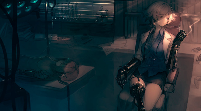 Обои картинки фото аниме, оружие,  техника,  технологии, киборг, лаборатория, девушка, сигарета, арт, garuku