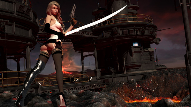 Обои картинки фото 3д графика, фантазия , fantasy, оружие, фон, взгляд, девушка