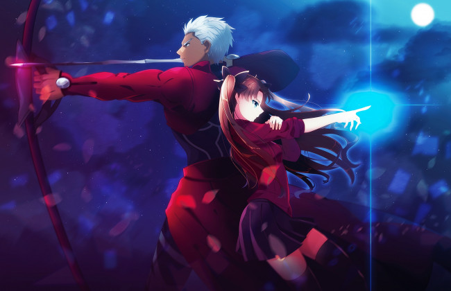 Обои картинки фото аниме, fate, stay night, stay, night, archer, tohsaka, rin, небо, ночь, судьба, луна, jeran, ggokd, арт, арчер, тосака, рин, лук, парень, дух, девушка