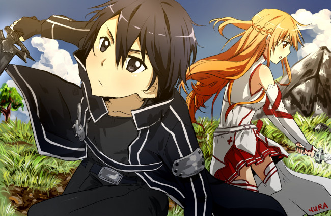 Обои картинки фото аниме, sword art online, арт, yuuki, asuna, kirigaya, kazuto, sword, art, online, yura-tsuki, асуна, кирито