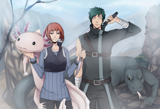 Обои картинки фото аниме, naruto, парень, оружие, варан, девушка, взгляд, фон