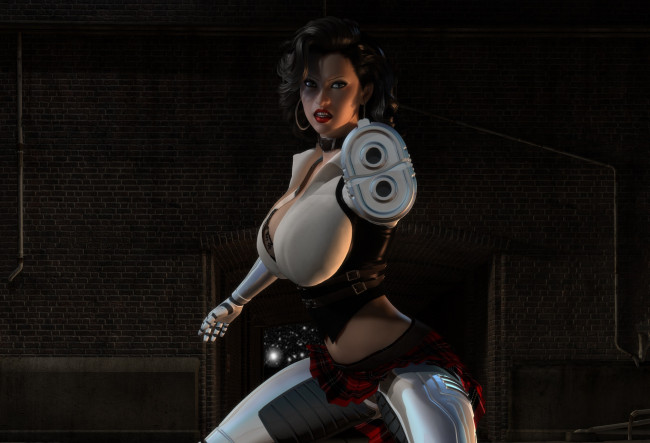 Обои картинки фото 3д графика, фантазия , fantasy, девушка, взгляд, фон, оружие