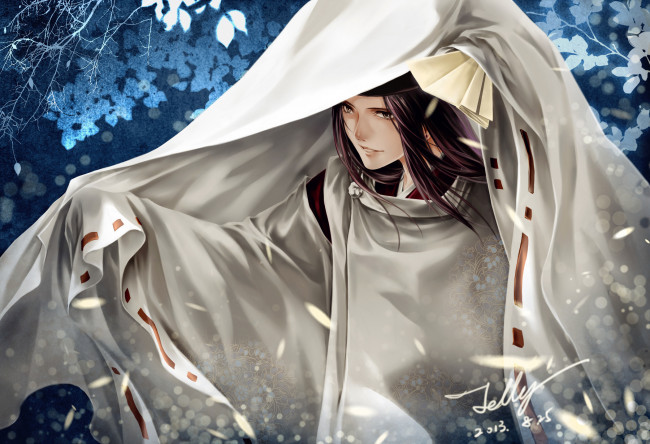 Обои картинки фото аниме, hikaru no go, арт, цветы, ветви, полотно, ткань, дух, парень, fujiwara, no, sai, hikaru, go