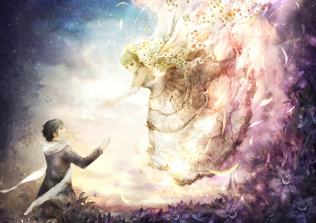 Обои картинки фото аниме, unknown,  другое, zhang-xiao-bo, арт, парень, девушка, романтика, любовь, цветы