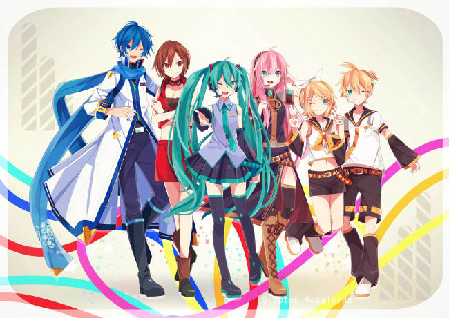 Обои картинки фото аниме, vocaloid, megurine, luka, kaito, kagamine, len, rin, hatsune, miku, парни, арт, meiko, девушки, yui22
