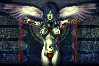 Картинка фэнтези роботы +киборги +механизмы девушка фон крылья