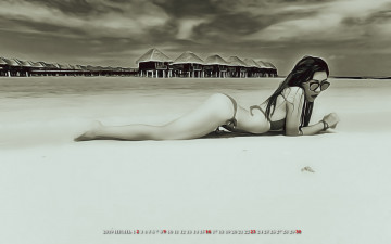 Картинка календари компьютерный+дизайн азиатка бунгало водоем очки девушка солома