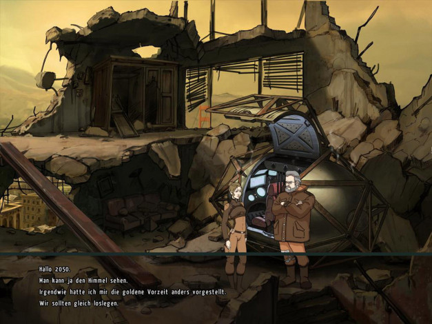 Обои картинки фото видео игры, a new beginning, девушка, капсула, мужчина, разговор, развалины