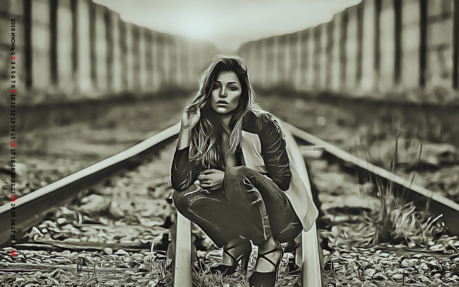 Обои картинки фото календари, компьютерный дизайн, девушка, рельсы, взгляд