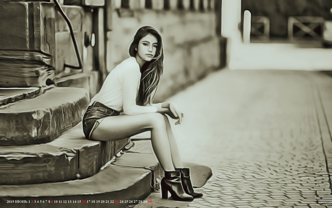 Обои картинки фото календари, компьютерный дизайн, камень, плитка, ступени, девушка, сапоги
