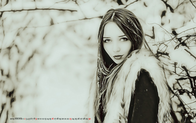 Обои картинки фото календари, компьютерный дизайн, снег, девушка, взгляд
