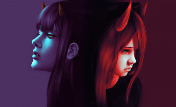 Картинка фэнтези демоны девушка фон рога