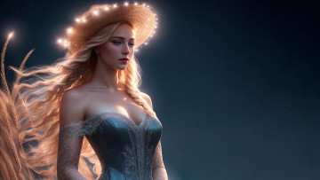 Картинка рисованное люди нейросети графика нейроарт ai art нейронные сети рисунки нейро искусство девушка в шляпе колосья светящаяся шляпа гирлянда