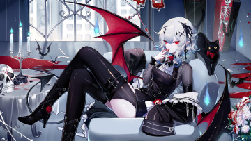 Картинка аниме ангелы +демоны демонесса кресло кот череп