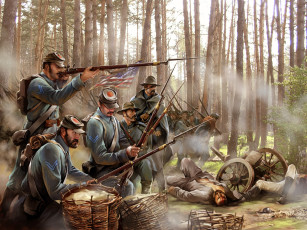 обоя видео игры, american conquest,  divided nation, солдаты, война, армия, флаг, дым, оружие, лес, атака