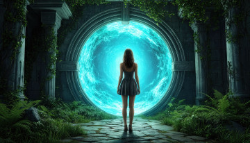 обоя фэнтези, иные миры,  иные времена, колонны, заросли, портал, девушка, нейросеть