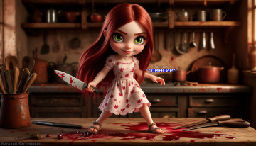Картинка мика +по+книге+“дингир” 3д+графика ужас+ horror арт иллюстрация обои девушки розовое платье кровь нож маньячка психология красивые хоррор ужасы милая девушка