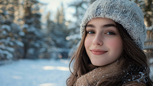Обои картинки фото 3д графика, портреты и лица , portraits and faсes, шатенка, шапочка, зима, улыбка