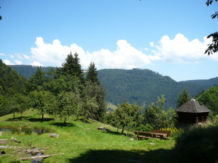 Картинка природа пейзажи скамейка холмы