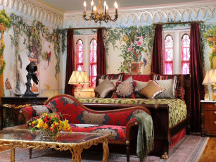 Картинка интерьер спальня кровать подушки софа букет