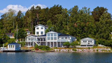 Картинка швеция resarо города здания дома река берег лес