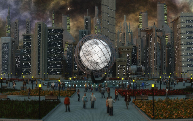 Обои картинки фото 3д, графика, realism, реализм, дома, люди, фонтан