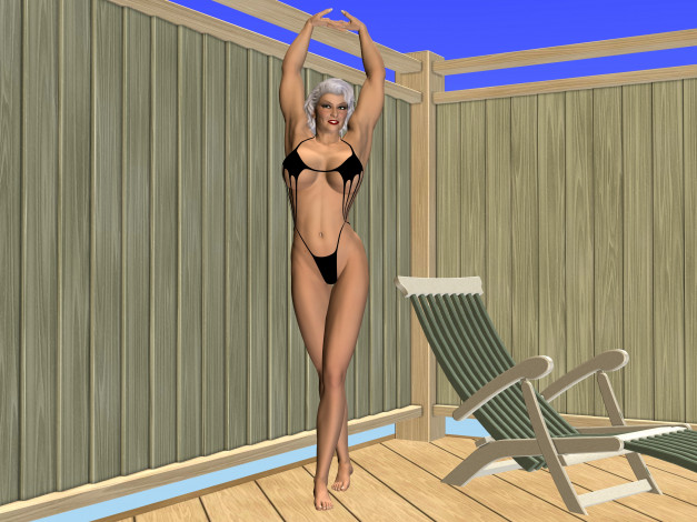 Обои картинки фото 3д графика, люди , people, девушка, взгляд, блондинка, шезлонг, бикини