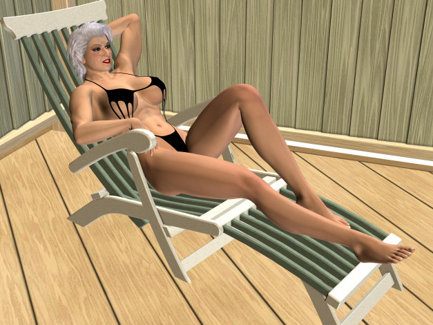 Обои картинки фото 3д графика, люди , people, девушка, взгляд, блондинка, шезлонг, бикини
