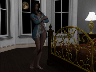 Картинка 3д+графика люди+ people фон кровать окна взгляд интерьер светильник девушка