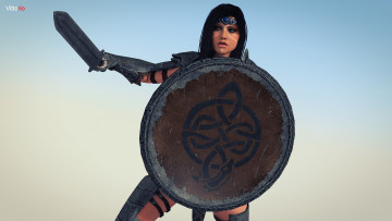 Картинка 3д+графика амазонки+ amazon девушка взгляд фон меч щит