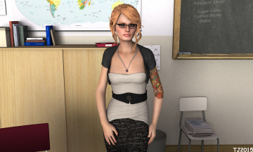 Картинка 3д+графика люди+ people девушка взгляд фон очки доска учительница карта стул книги