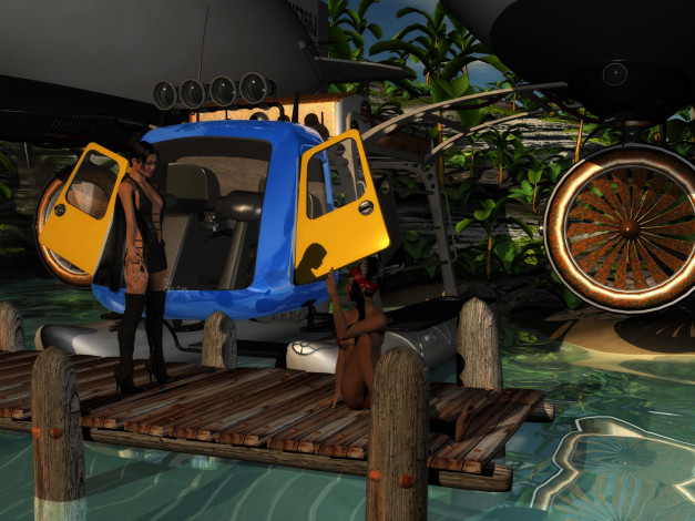 Обои картинки фото 3д графика, фантазия , fantasy, фон, взгляд, девушки, пирс, вертолет