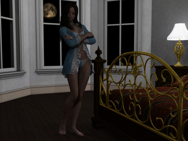 Обои картинки фото 3д графика, люди , people, фон, кровать, окна, взгляд, интерьер, светильник, девушка