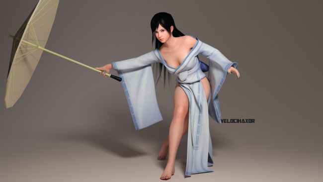 Обои картинки фото 3д графика, люди , people, девушка, взгляд, фон, зонтик, кимоно