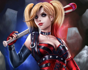 Картинка рисованное комиксы девушка harley quinn арт игра костюм batman бита персонаж