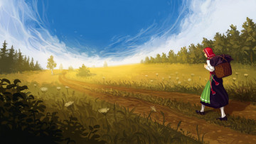 Картинка рисованное люди девушка лес дорога поле цветы арт небо облака