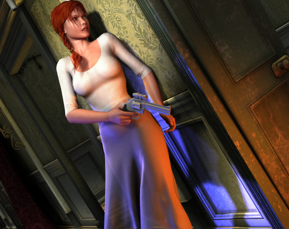 Обои картинки фото 3д графика, люди , people, девушка, взгляд, фон, оружие