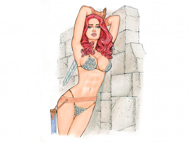 Обои картинки фото рисованное, комиксы, взгляд, фон, девушка, меч