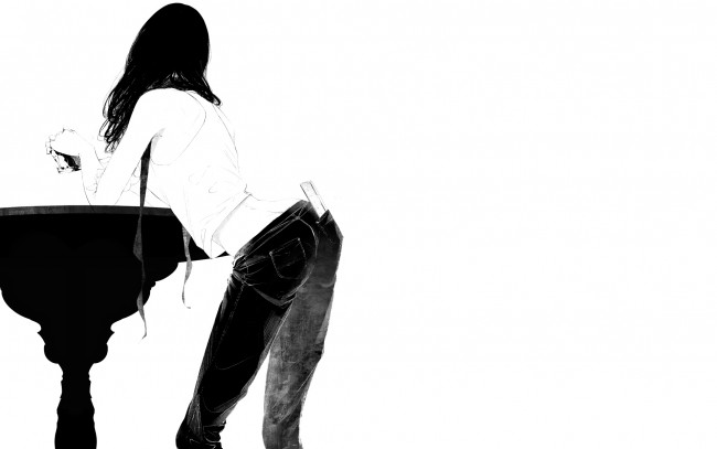Обои картинки фото рисованное, минимализм, стол, стакан, спина, девушка