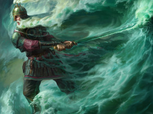 Картинка фэнтези люди сказка черномор лукоморье арт меч волны море